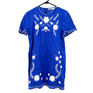 Zara size Small blue shift style dress white embroidery‎ short sleeve